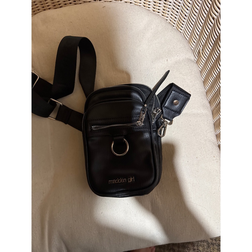 Madden Girl Black Faux Leather Multi Zip Crossbody Camera Bag Silver Hardware